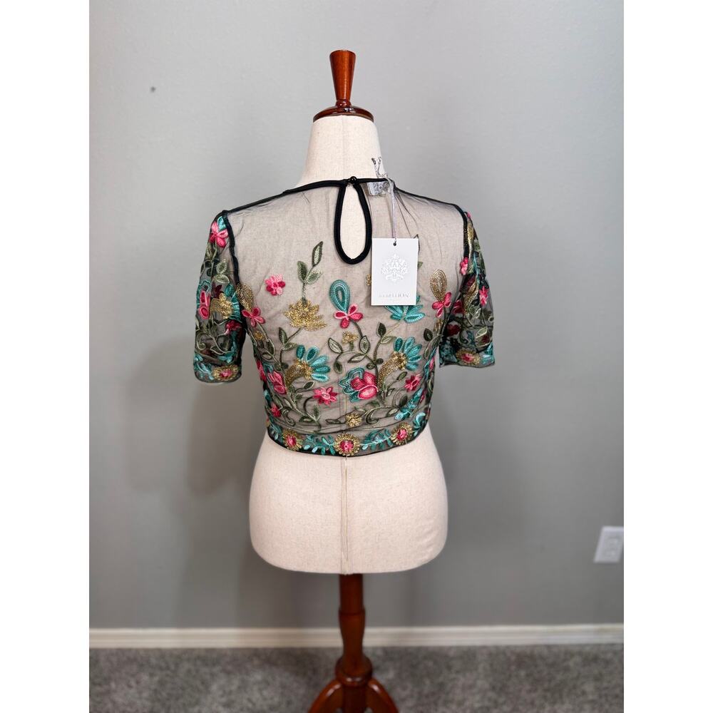 Rebellion embroidered sheer mesh crop top black floral velvet trim Sz M NWT - Picture 5 of 12